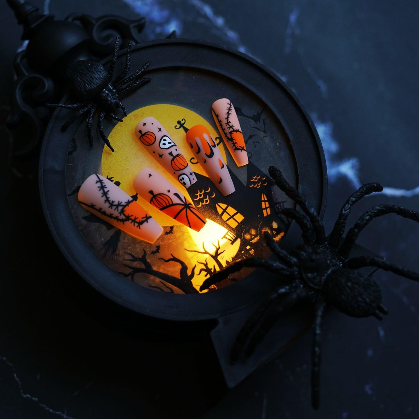 Halloween Press on Nails Long Coffin Fake Nails Orange Yellow False Nails with Designs Pumpkin Ghost Spider Web Glue on Nails Full Cover Coffin Acrylic Nails Stick on Nails for Women 24 PCS