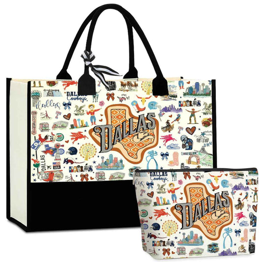 NBIAN Dallas Travel Tote Bag & Makeup Bag Set - Dallas Texas City Travel Souvenir Gift - Large Capacity, Multi-Purpose, Thoughtful Gift for Women