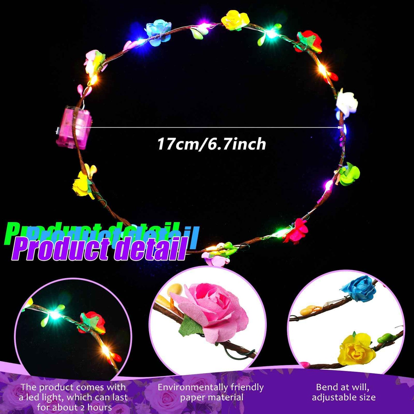 Syhood 40 Pcs LED Flower Headband, Light up Flower Crown Garland Headdress Floral Headpiece for Women Hair Accessories Bridal Shower Holiday Birthday Wedding Party(Plum Blossom Style)