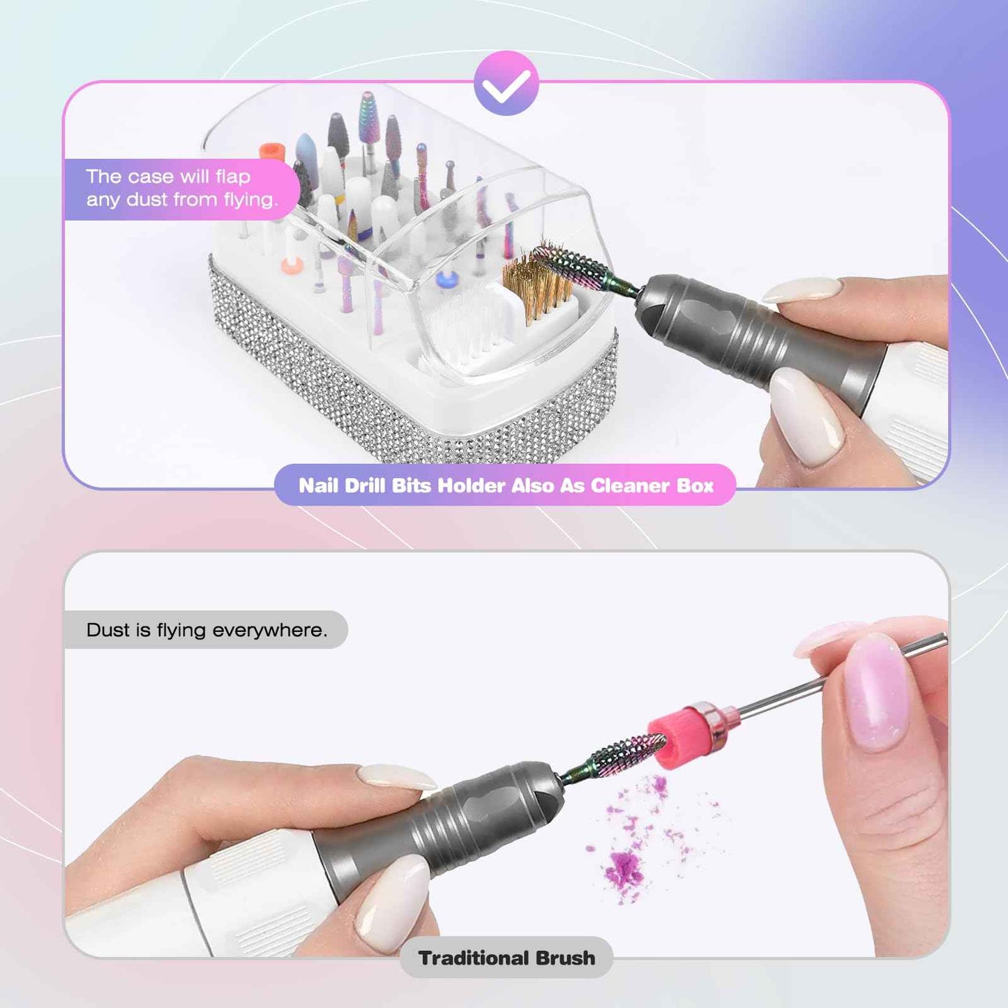 2 in 1 Nail Drill Bits Holder: 30 Holes Nail Bits Organizer Case with Cleaner Brush, Dustproof Efile Nail Tech Bits Storage Container Box Manicure Tools Accessories Display for Salon Home(Only Box)