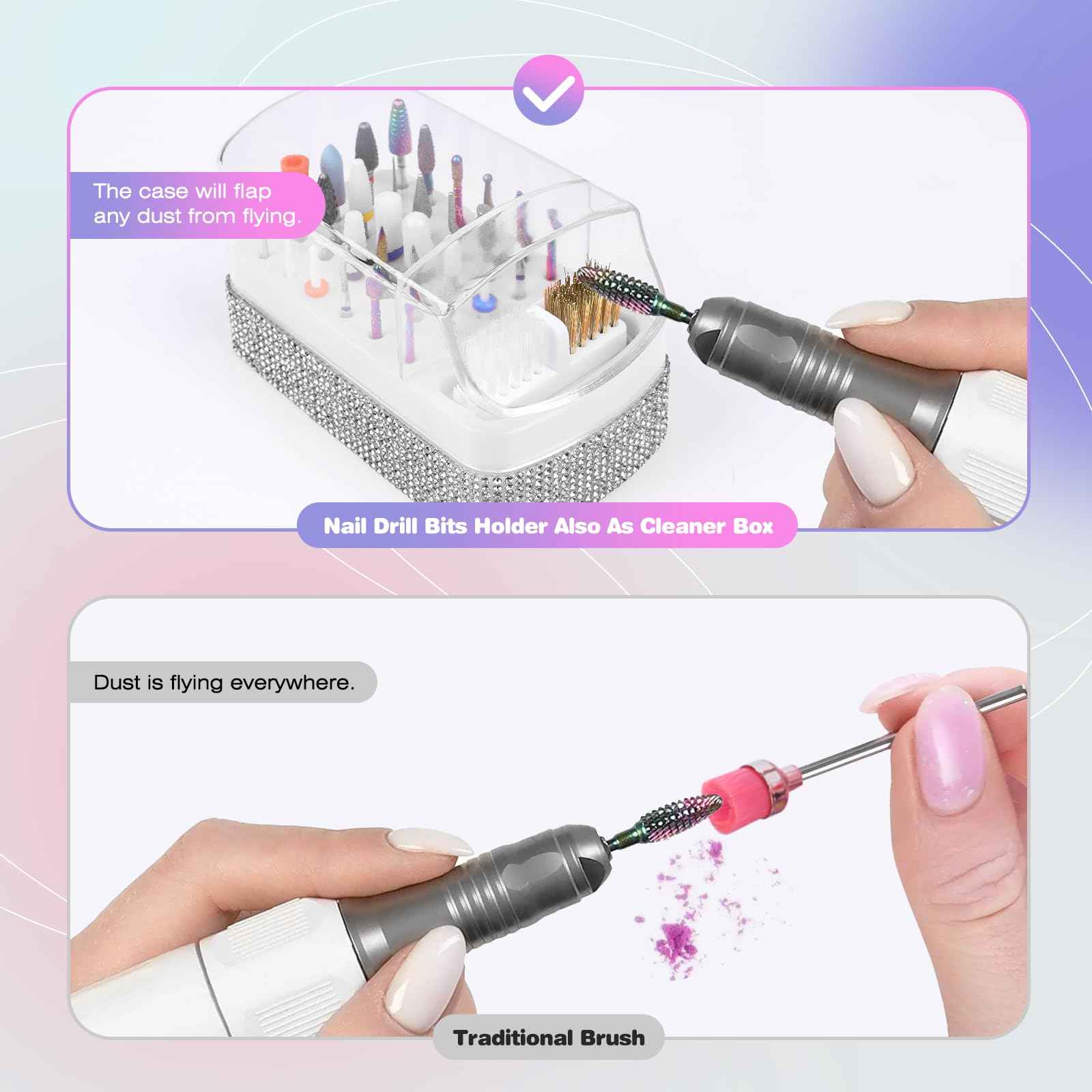 2 in 1 Nail Drill Bits Holder: 30 Holes Nail Bits Organizer Case with Cleaner Brush, Dustproof Efile Nail Tech Bits Storage Container Box Manicure Tools Accessories Display for Salon Home(Only Box)