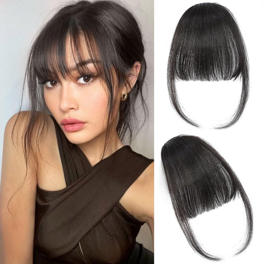 OUDIS Bangs Hair Clip in Bangs, 100% Human Hair Wispy Bangs Clip in Hair Extensions, Clip on Bangs Fringe with Temples Hairpieces for Women(Brown Black)