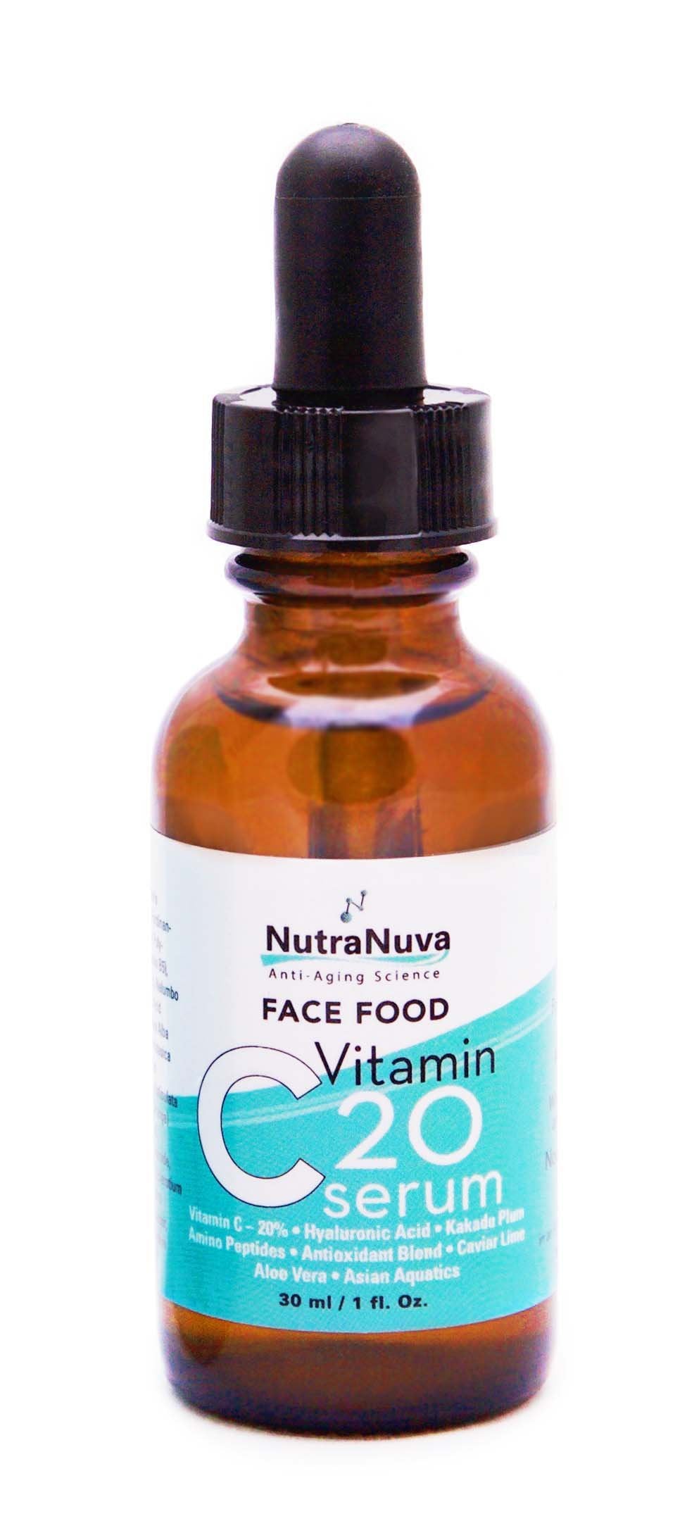 NutraNuva Face Food Anti Aging Natural 20% Vitamin C Serum Complex VEGAN Formula, Kakadu Plum, Hyaluronic Acid, Peptides, Aquatic Plants, Aloe and more for Wrinkles, Age Spots, Collagen,1 fl. Oz