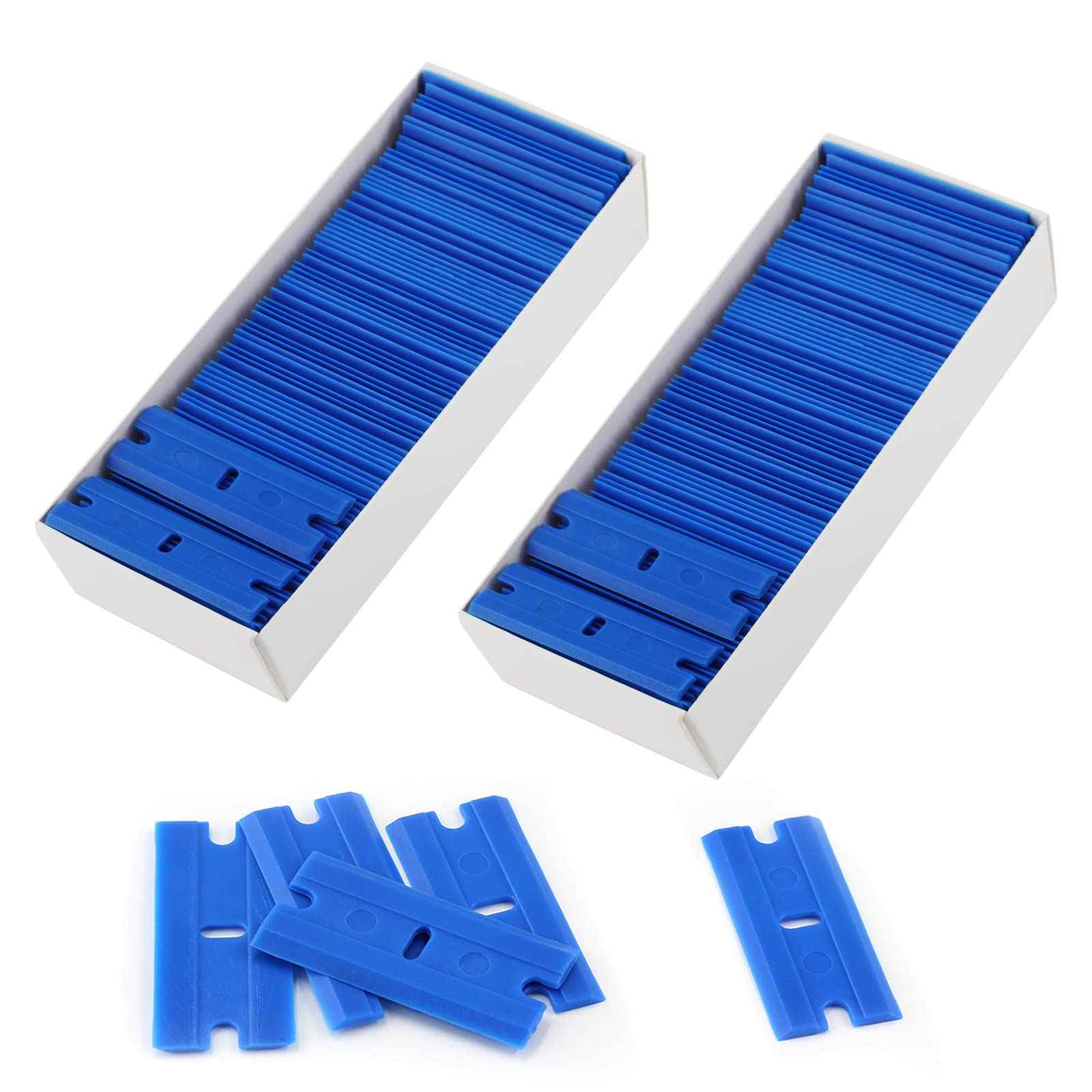 Zorveiio 200 Pcs Plastic Razor Blades Plastic Scraper Blades Double Edge Razor Blade for Removing Labels Stickers Gasket Decals on Glass Car Window - Blue