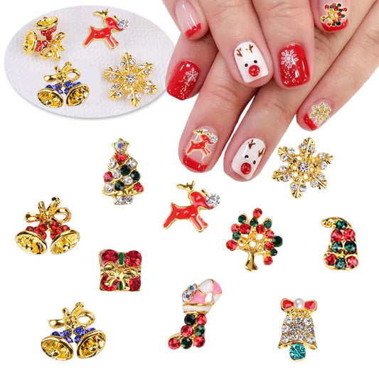 10Pcs Christmas Nail Charms Glitter 3D Crystals Diamonds Rhinestones Metal Alloy Christmas Snowflakes Small Bell Nail Art Charms Gems Design for Women Nail Art Decoration Supplies Craft Jewelry DIY