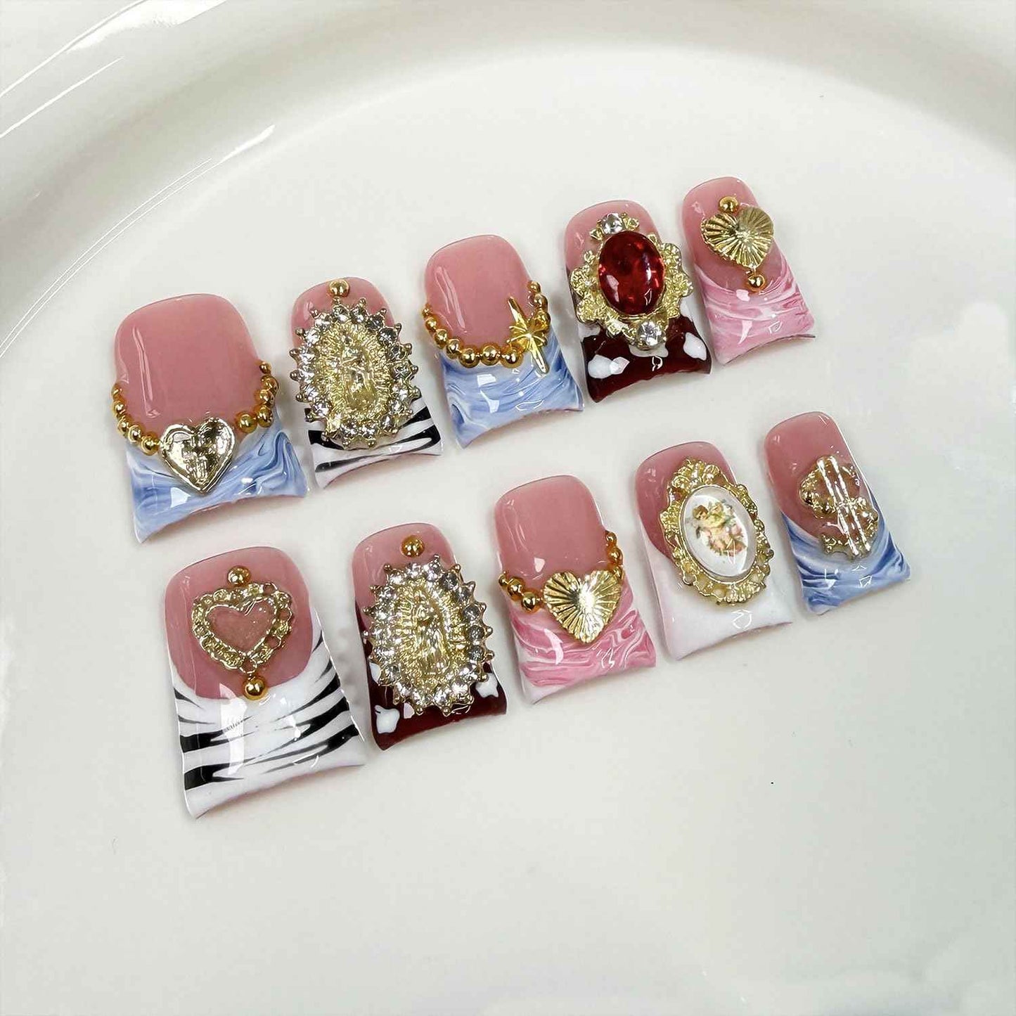 10 Pcs Duck Press on Nails Medium Fake Nails Sea Waves Pink French Tip Handmade False Nails with Glue, with 3D Golden Heart Design Artificial Acrylic Stick on Nails for Women（M）