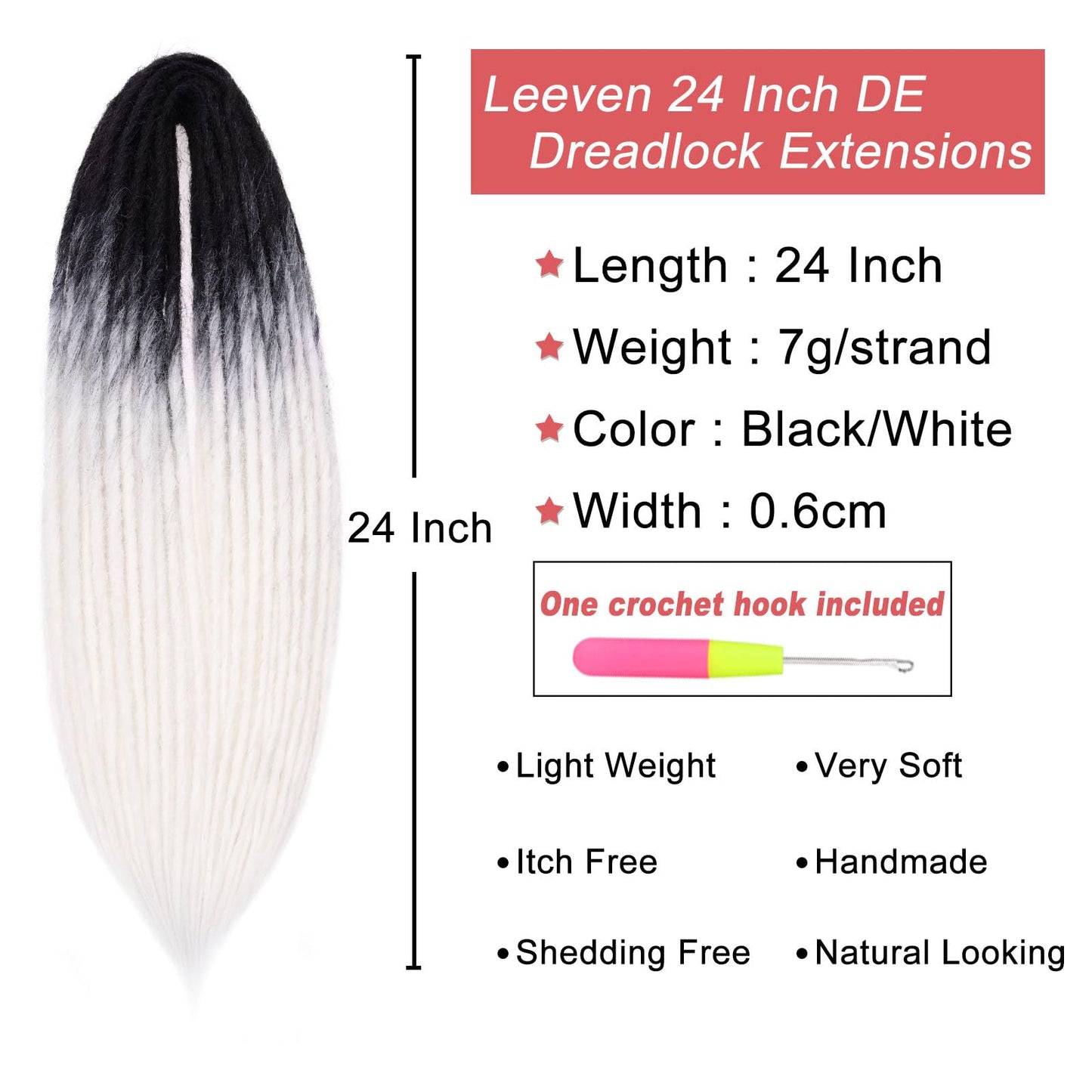 Leeven 30 Strands Double Ended Dreadlock Extensions 24 Inch Black to White Synthetic Crochet DE Dreads Extensions Full Set Handmade Soft Loc Extensions Reggae Style Hair for Women Men