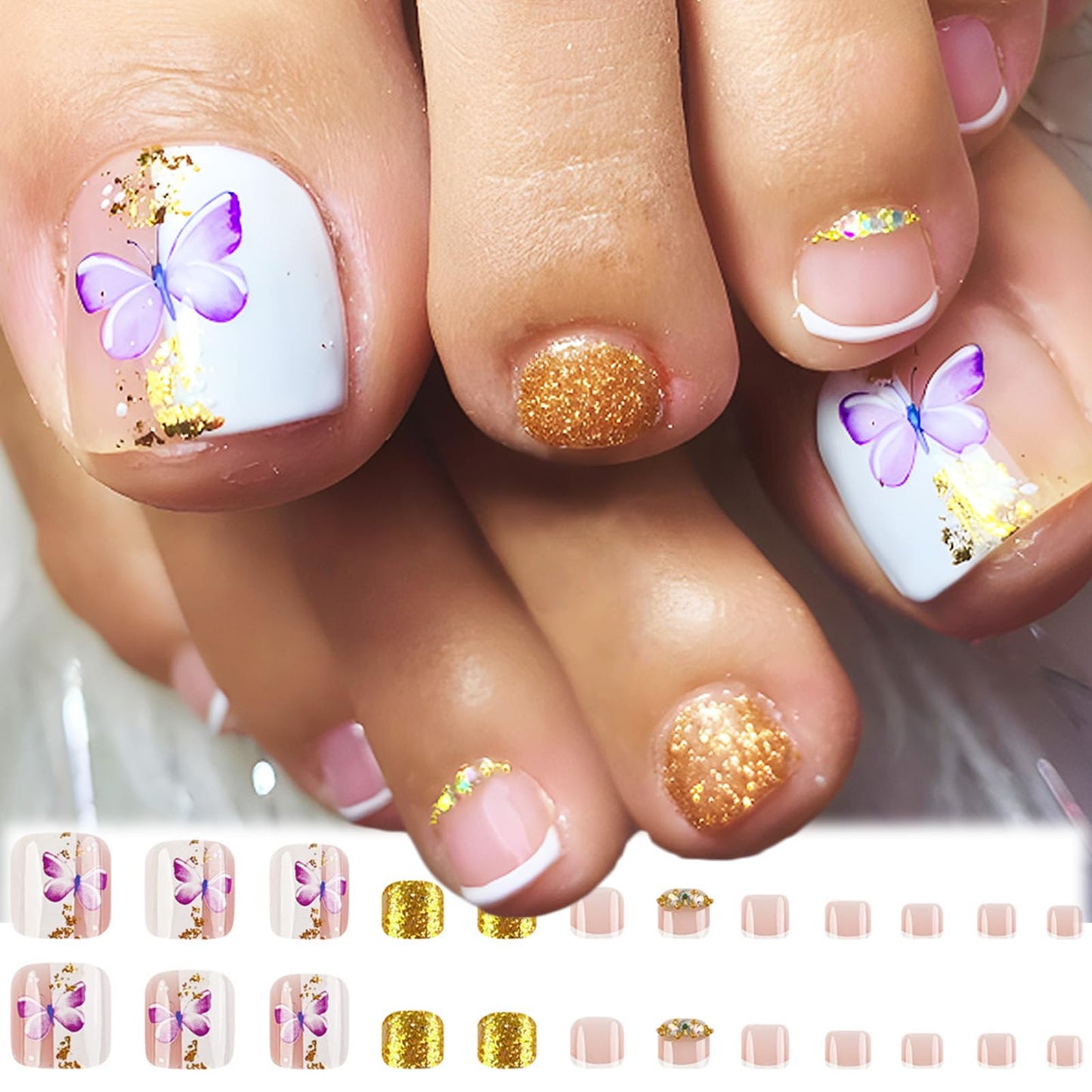 24Pcs French Tips Press on Toenails with Butterfly Design Glossy Gold Glitter Acrylic Short Square Fake Toe Nails Gel Glue on Nails Rhinestones Full Cover False Toenails Stick on Nails for Women Girls