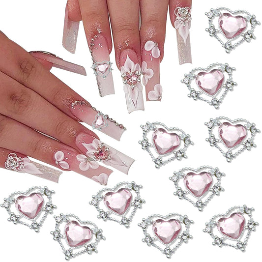 RODAKY 10PCS Heart Nail Charms 3D Pink Heart Nail Art Jewelry with Rhinestones Shiny Nail Gems Cute Nail Decoration for Manicure Design DIY Crafts Embellishment