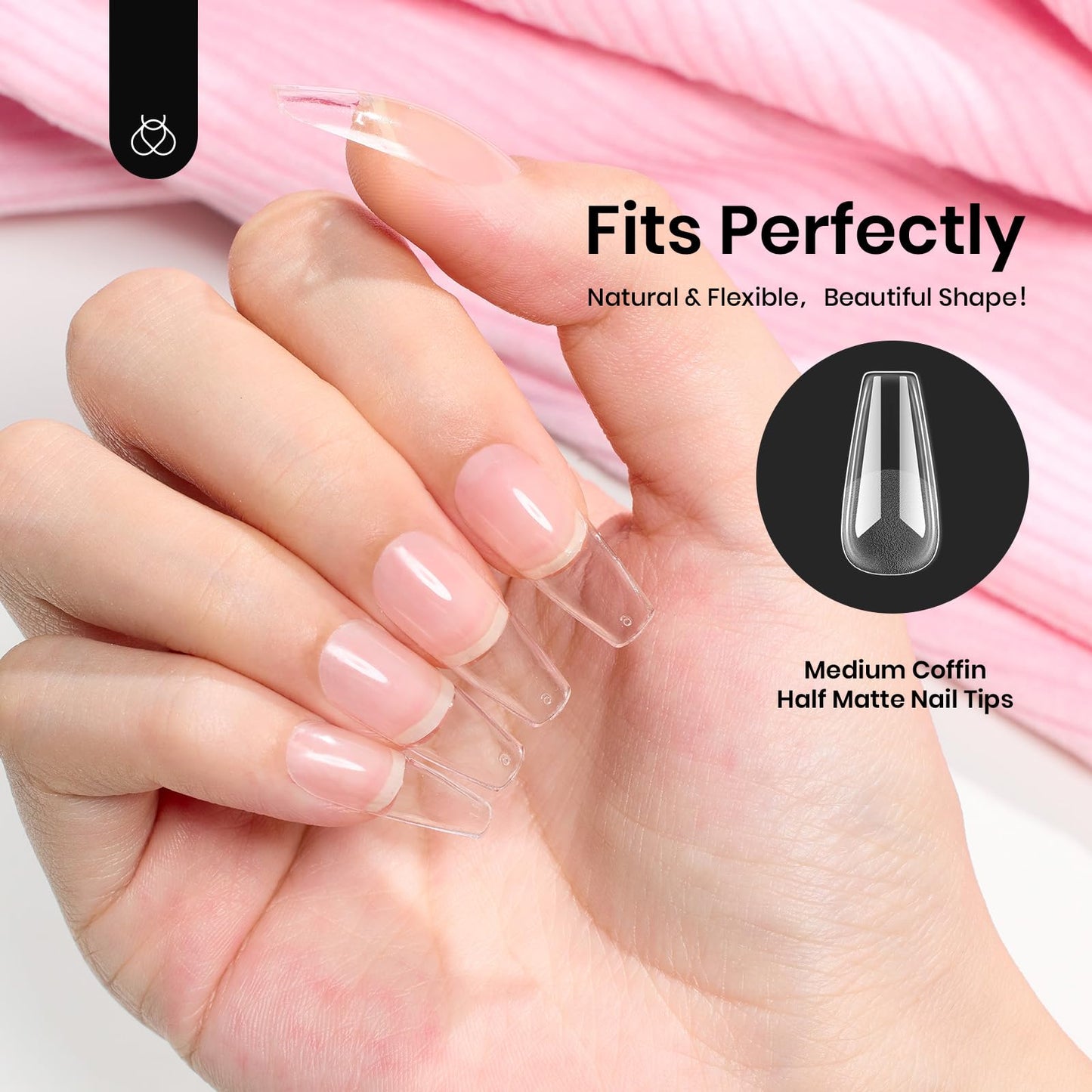 Beetles Gel Nail Tips 504Pcs Coffin Medium Easy Nail Extension Nails Pre Shaped Half Matte Nail Tips Press on Nail Gel Nail Tips Gelly Tips Full Cover False Nails for Gel Art Polish