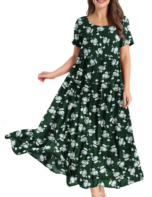 YESNO Women Casual Loose Bohemian Floral Dress with Pockets Short Sleeve Long Maxi Summer Beach Swing Dress S EJF CR420