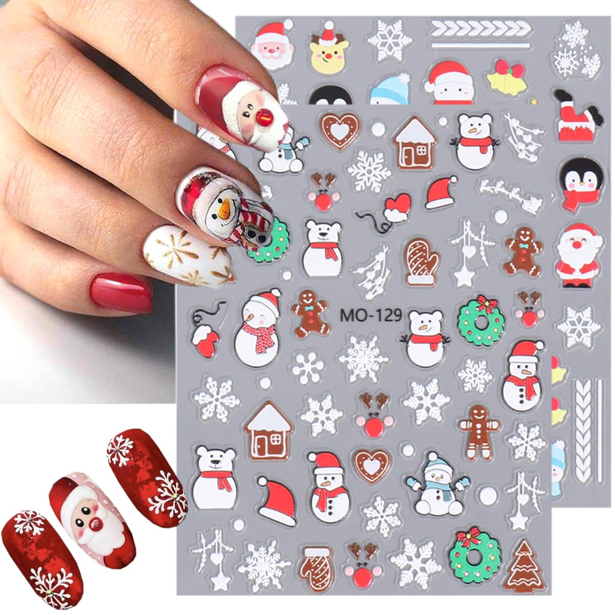 Christmas Nail Art Stickers 4 Sheets 3D Christmas Nail Decals Self-Adhesive Nail Art Design Elk Snowman Santa Claus Snowflake Nail Decals Christmas Nail Supplies for Women Girls Holiday Manicure Decor