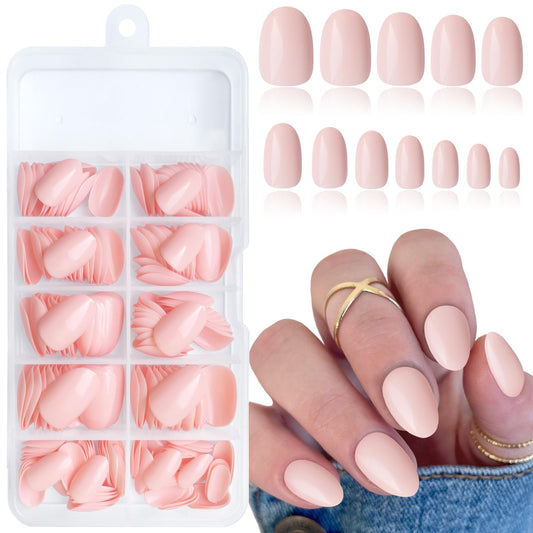 Lifextol Short Press on Nails Almond Fake Nails, 240 Round Almond Press on Nail Short Full Cover Nude Acrylic Presson Nail Tips Artificial False Fingernails & Nail Glue Adhesive Tabs for Women Kids