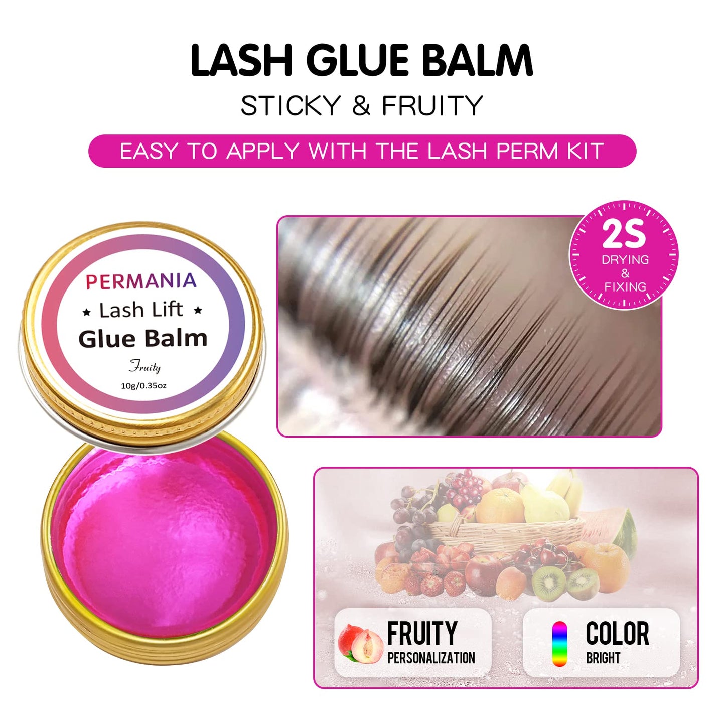 PERMANIA Lash Glue Balm, Eyelash Lifting Adhesives Strong Hold and Perfectly Shaped Eyebrows for Brow Lamination Kit, Lash Lift Balm Bright Colors & Fruity Flavours Fast Drying & Waterproof (Pink)