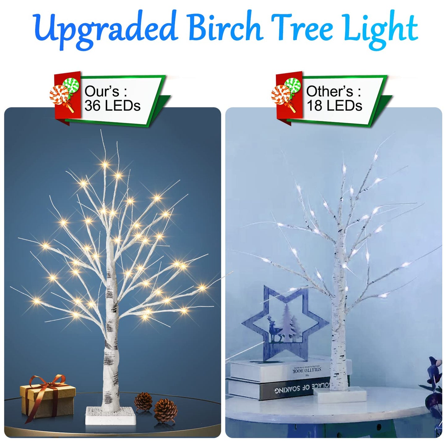 Set of 2- FastDeng Birch Tree Lighted, 2FT 36 LED Warm White Lights, Battery Powered Timing Tabletop Bonsai Tree Light for Home Bedroom Holiday Wedding Party Indoor Decoration