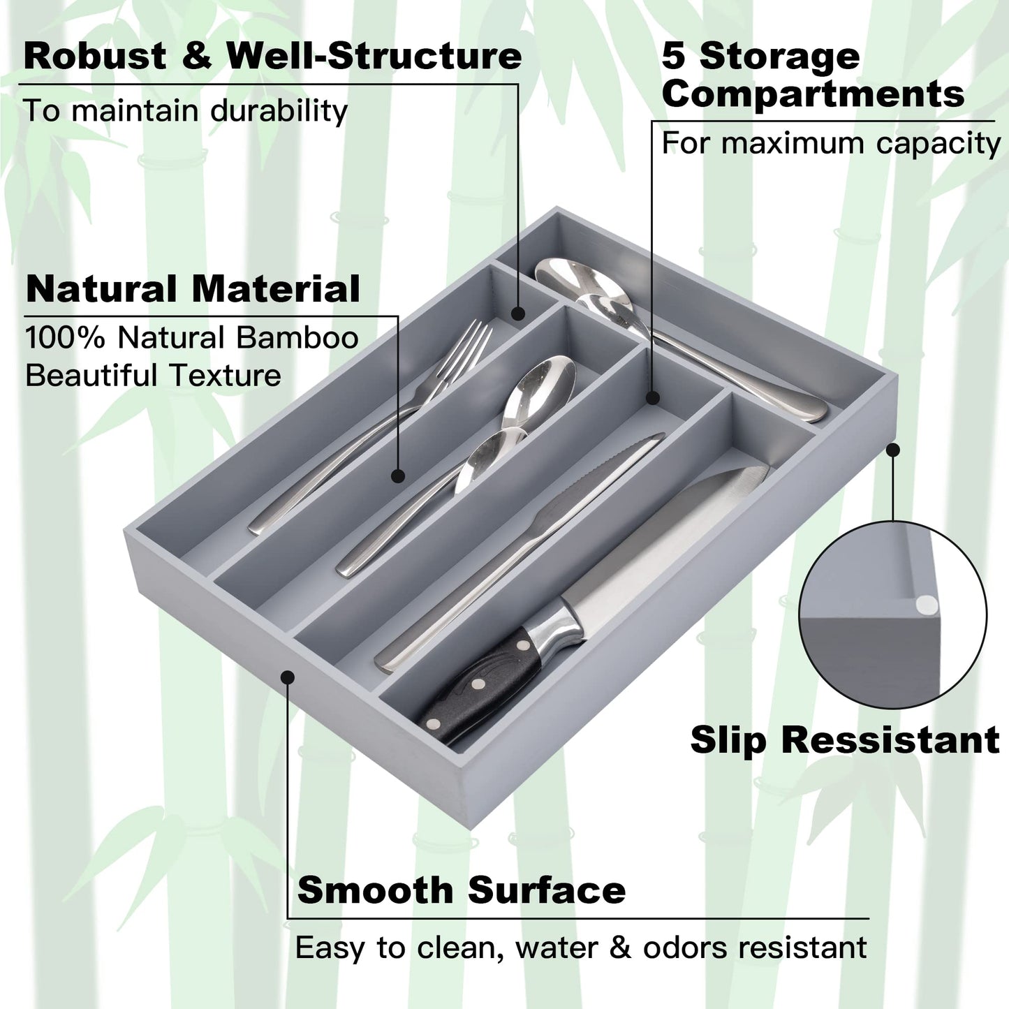 Besilord Silverware Organizer Kitchen Drawer Organizer Utensil Organizer Bamboo Silverware Holder Cutlery Organizer in Drawer Flatware Organizer Tray(5 slots, Gray