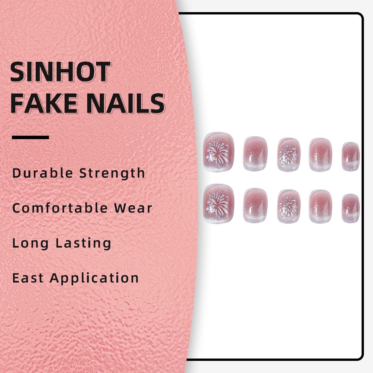 SINHOT Square Press on Nails Short Squoval Fake Nails Glossy Glue on Nails Pink Cat Eye Acrylic Nails Gold Glitter Arificial Nails Stick on False Nails with Fireworks Design 24 pcs