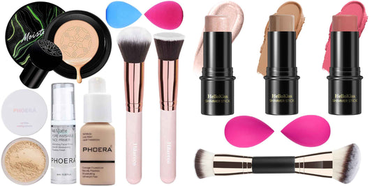 PHOERA Foundation,Mushroom Head Air Cushion CC Cream, PHOERA Primer, PHOERA Powder,3 Pcs Cream Contour Stick Makeup Kit, Shades with Highlighter Stick, Blush Stick and Bronzer Contour Stick