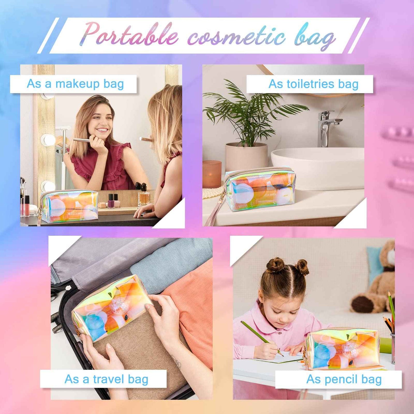 Dunzy 8 Pcs Holographic Iridescent Clear Makeup Bags with Zipper Travel Cosmetic Pouches with Wrist Loop Waterproof Toiletry Organizer Case Home Office Beach Pouch Purse Diaper Vacation Gift Bag(M)