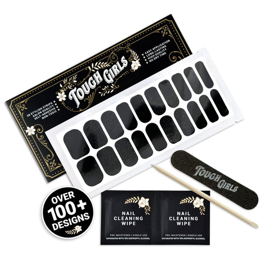 TOUGH GIRLS | 20 Exquisite Gel Nail Polish Strips w/Application Accessories - No UV/LED Lamp Required (Black & Silver Mist)