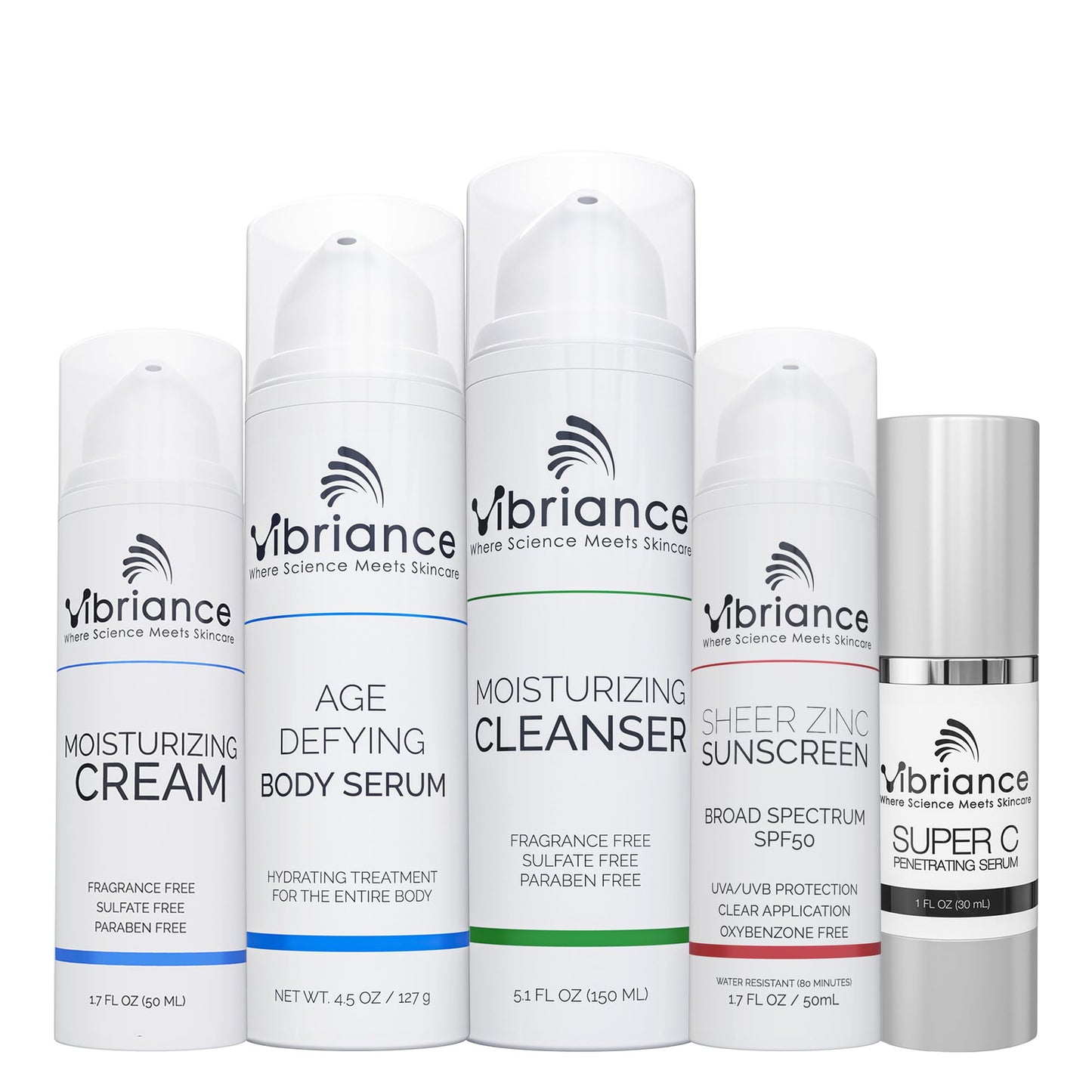 Vibriance Premium Skincare Bundle | Super C All-in-One Serum, Moisturizing Cleanser, Moisturizing Cream, Sheer Zinc Sunscreen, Age Defying Serum | Heal, Hydrate, Protect & Rejuvenate