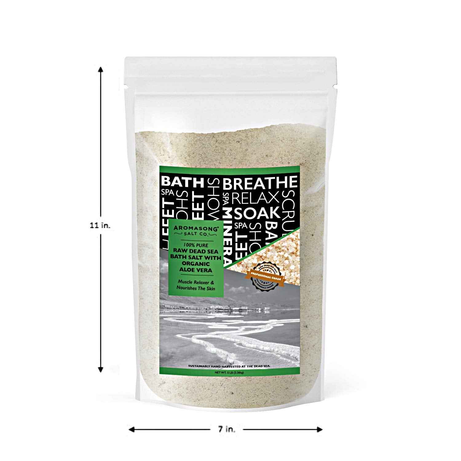 Aromasong 5 lbs Raw Dead Sea Salt with Organic Aloe Vera, not Cleaned, Still Contains All Dead sea Minerals Including Dead sea Mud, Fine Medium Grain Large resealable Bulk Pack (Packaging May Vary)