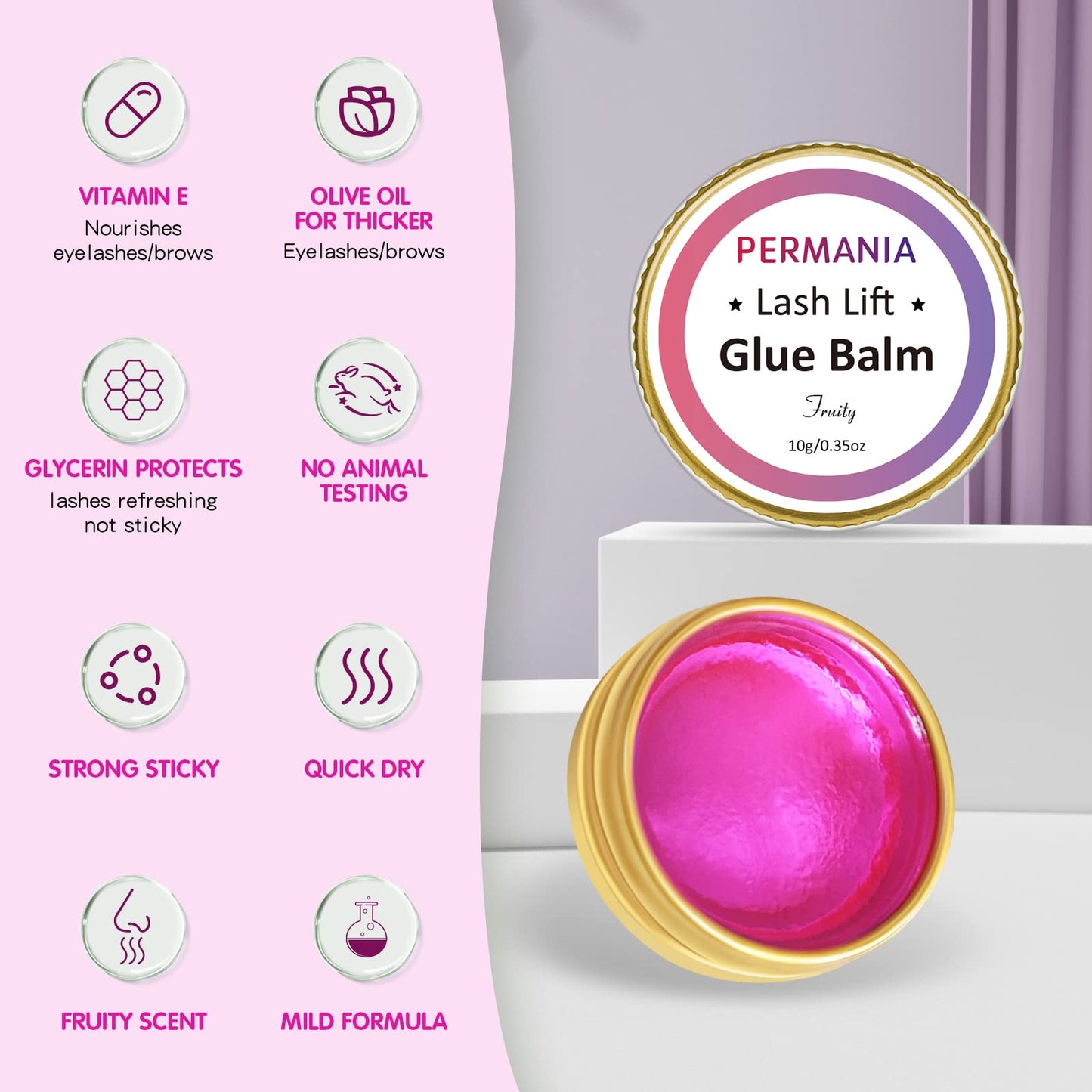 PERMANIA Lash Glue Balm, Eyelash Lifting Adhesives Strong Hold and Perfectly Shaped Eyebrows for Brow Lamination Kit, Lash Lift Balm Bright Colors & Fruity Flavours Fast Drying & Waterproof (Pink)