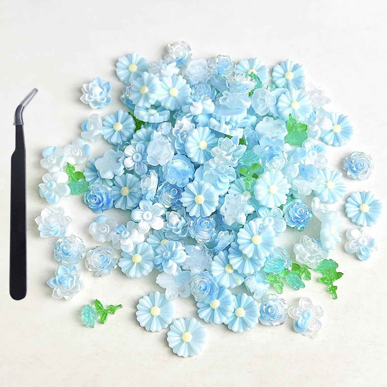 3D Flower Manicure Gems with Nail Rhinestone, Colorful Acrylic Double Color Nail Charms Rhinestones for Nails with Pickup & Dotting Tools Blue