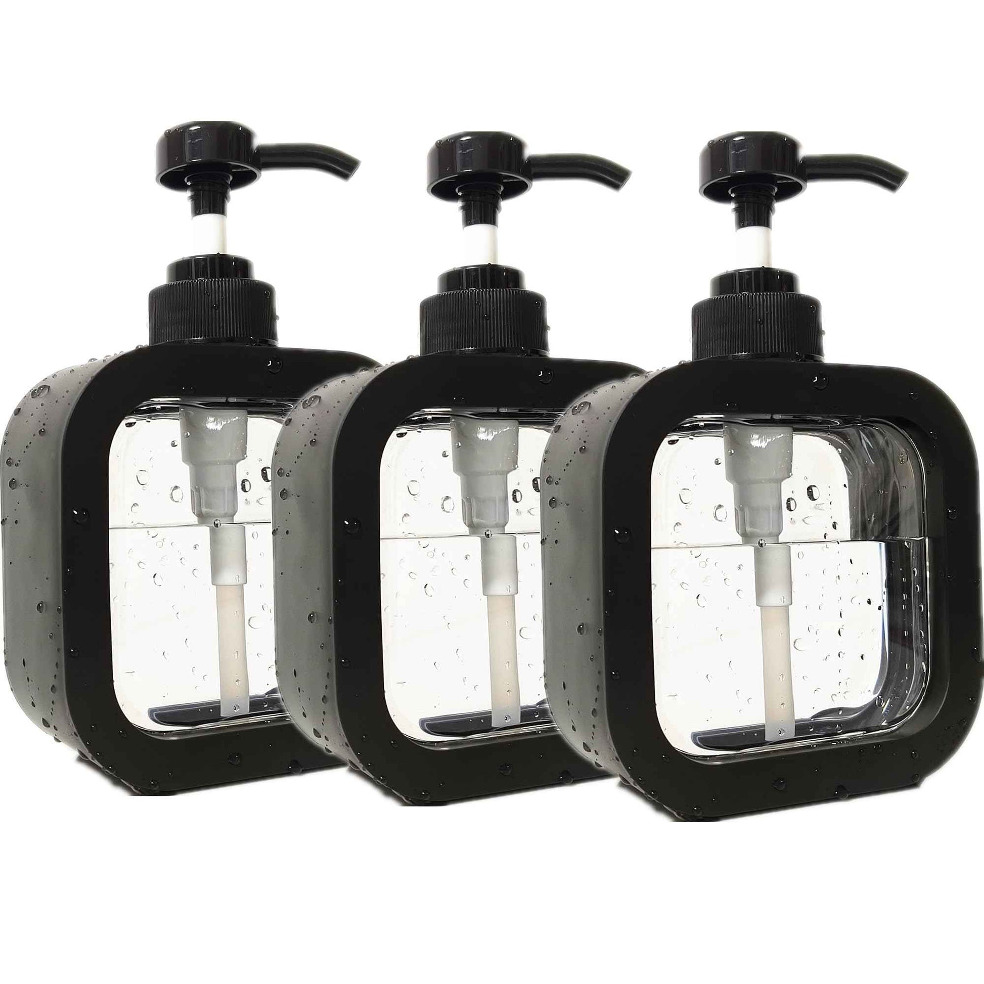 3pcs Hand Soap Dispenser Bathroom, Modern Dish Soap Dispenser for Kitchen Sink, 10oz Plastic Black Soap Dispenser with Pump and Labels