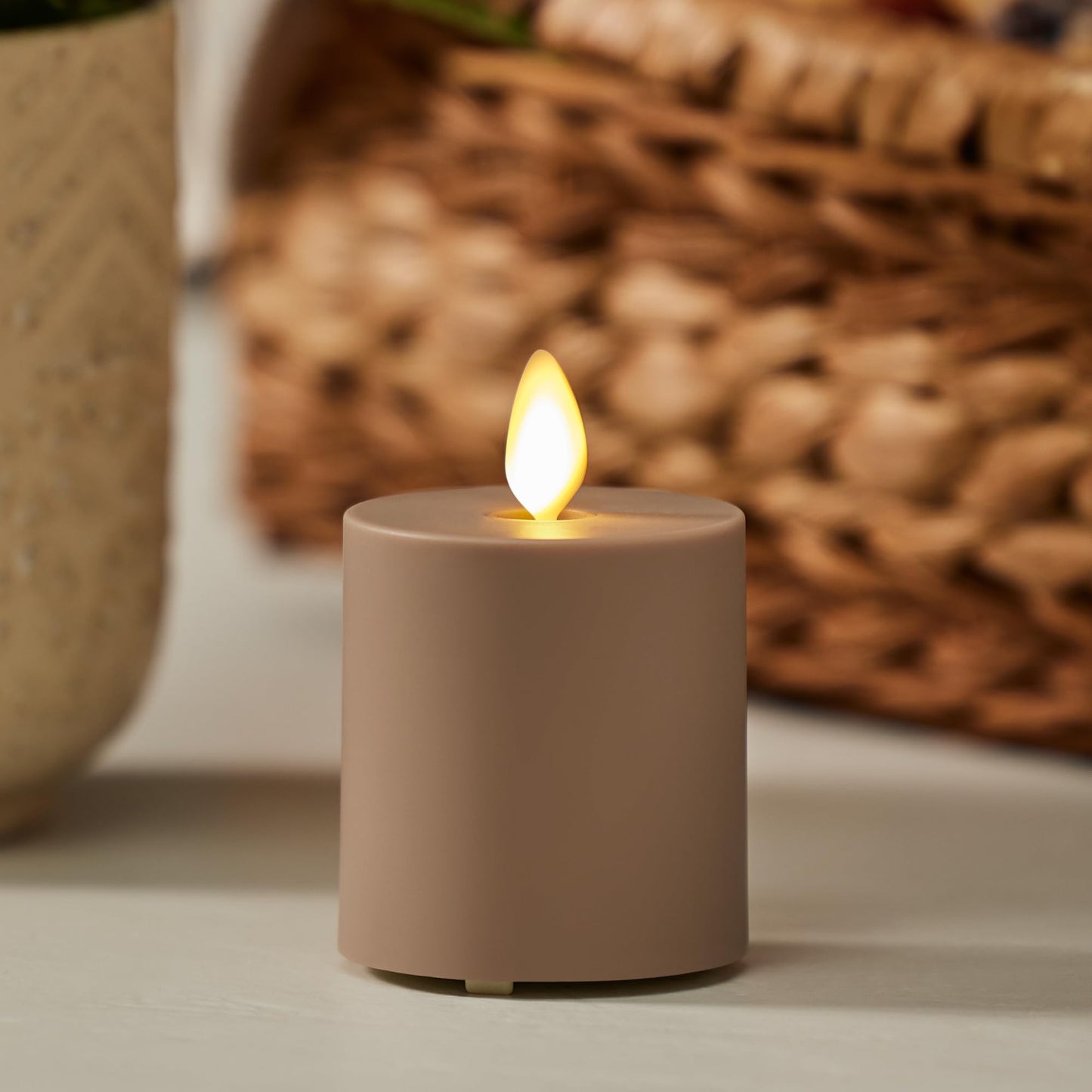 Luminara Timeless Taupe Outdoor Moving Flame Votive Realistic LED Candle (2"x3.2"), IPX4 Flat Smooth Matte Plastic Finish, Battery Operated (2 AAA) Timer