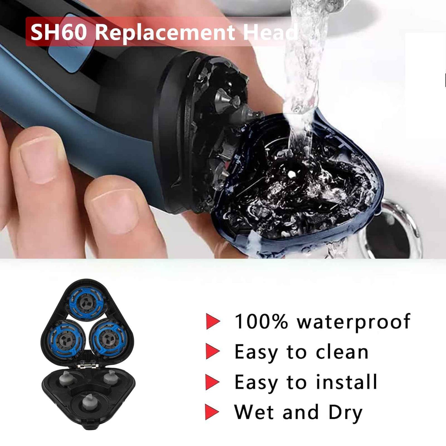 SH60 Replacement Blades Series 6000 Compatible with Philips Norelco 6000 Replacement Heads,for Series 6000 Electric Shaver Razors Blades S6850/85,S6880/81,S6810/82 etc Model,With Cleaning Brush