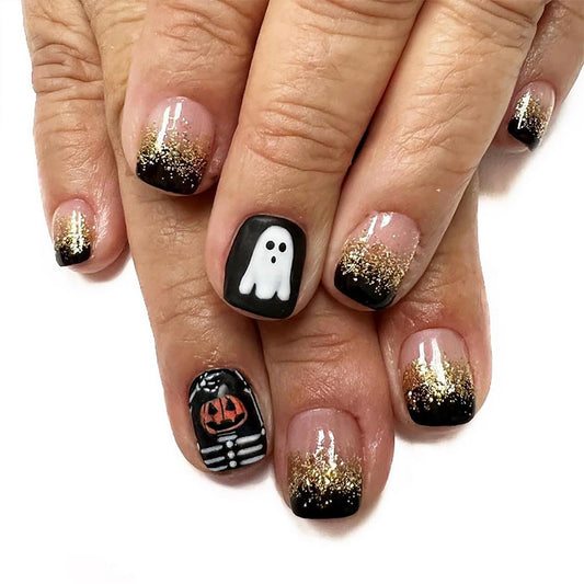 24Pcs Golden Glitter Press on Nails Short Square French Fake Nails with Glue Glossy Full Cover False Nails with Ghost Pumpkin Designs Halloween Glue on Nails Manicure Artificial Nails for Women