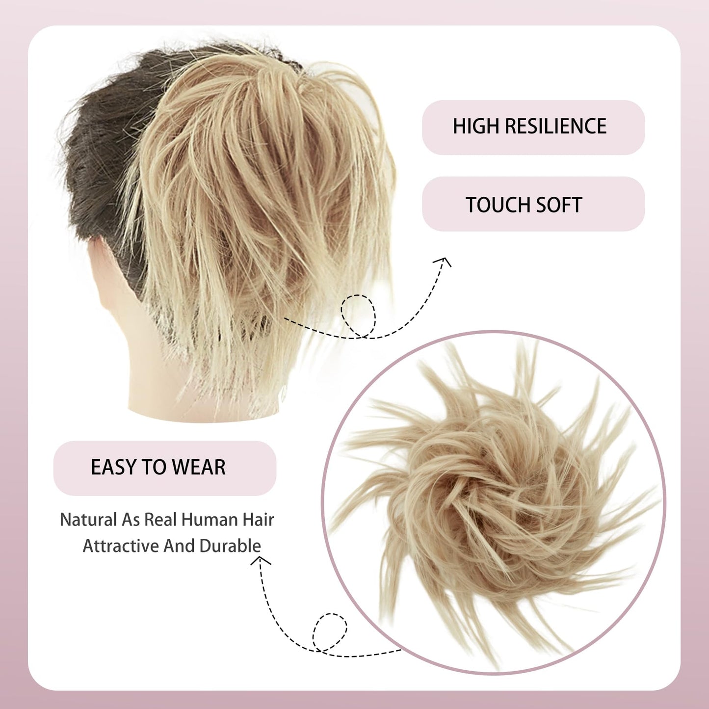 Lynclare Messy Bun Hair Piece Wavy Synthetic Hair Extension，Curly messy Bun Scrunchie Extensions for Women， Chignon Updo Ponytail Hairpieces with Elastic Rubber（Natural Blonde Mix Bleach Blonde）