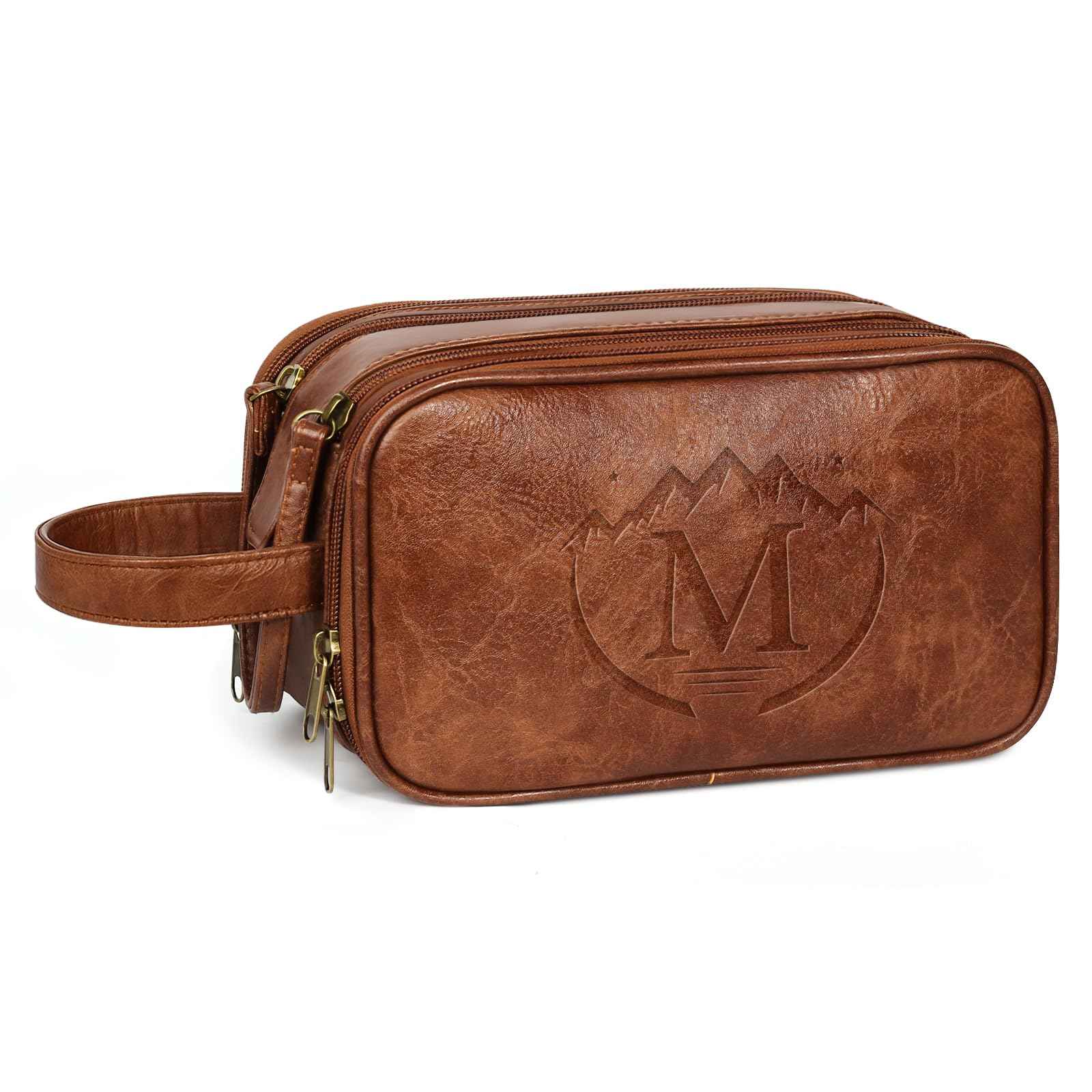MaqSacion Travel Toiletry Bag for Men,Mens Shaving Bags for Toiletries,Men's Toiletry Travel Bag Leather,Personalized Travel Essentials,Birthday Gifts For Men,Brown- M