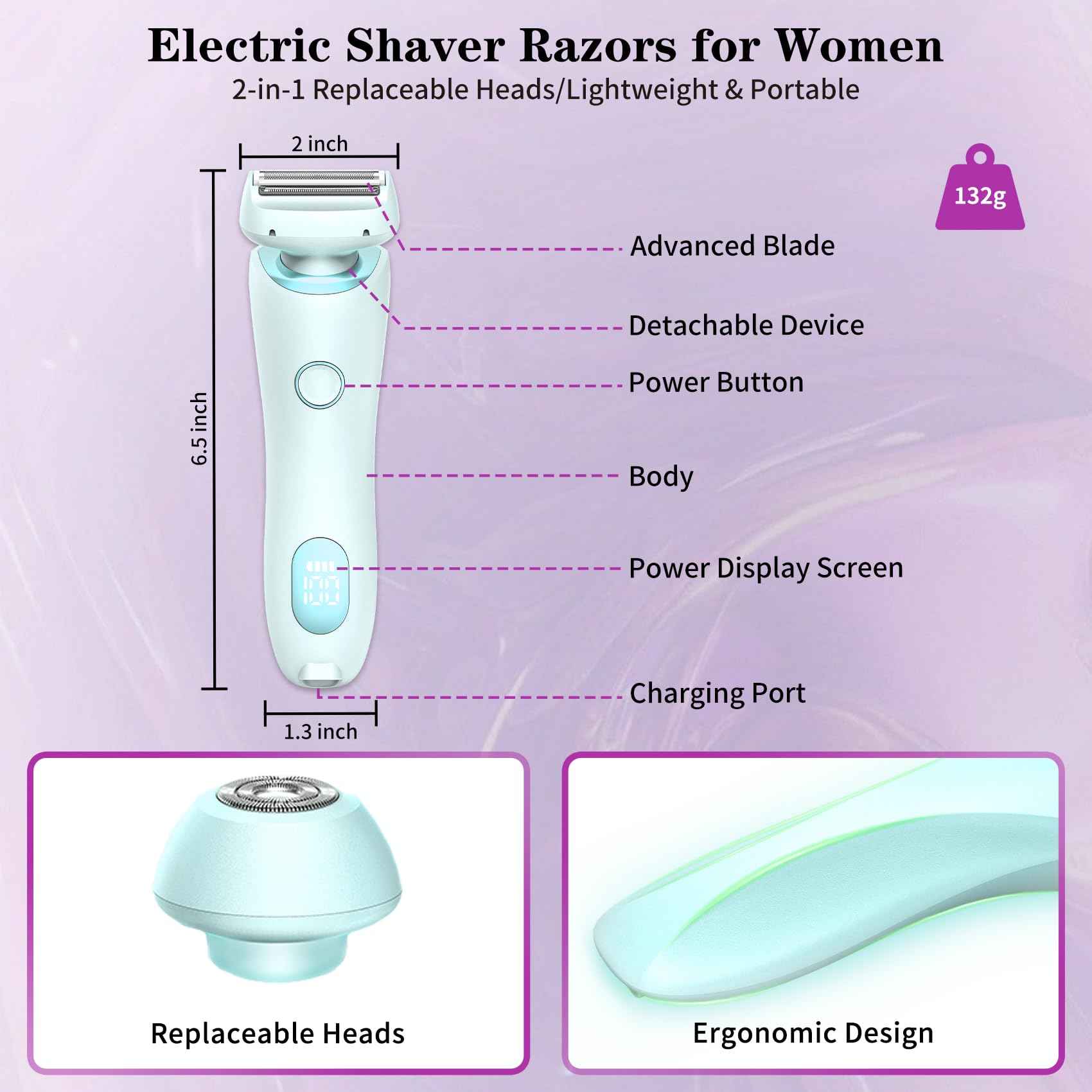 Glide Pro 3.0 Razor for Women, Livora Electric Shaver for Women, Silk Glide Pro Shaver, 2 in 1 Wet & Dry Waterproof Electric Shaver with Removable Head for Leg Arm Underarm Bikini Area (Blue)