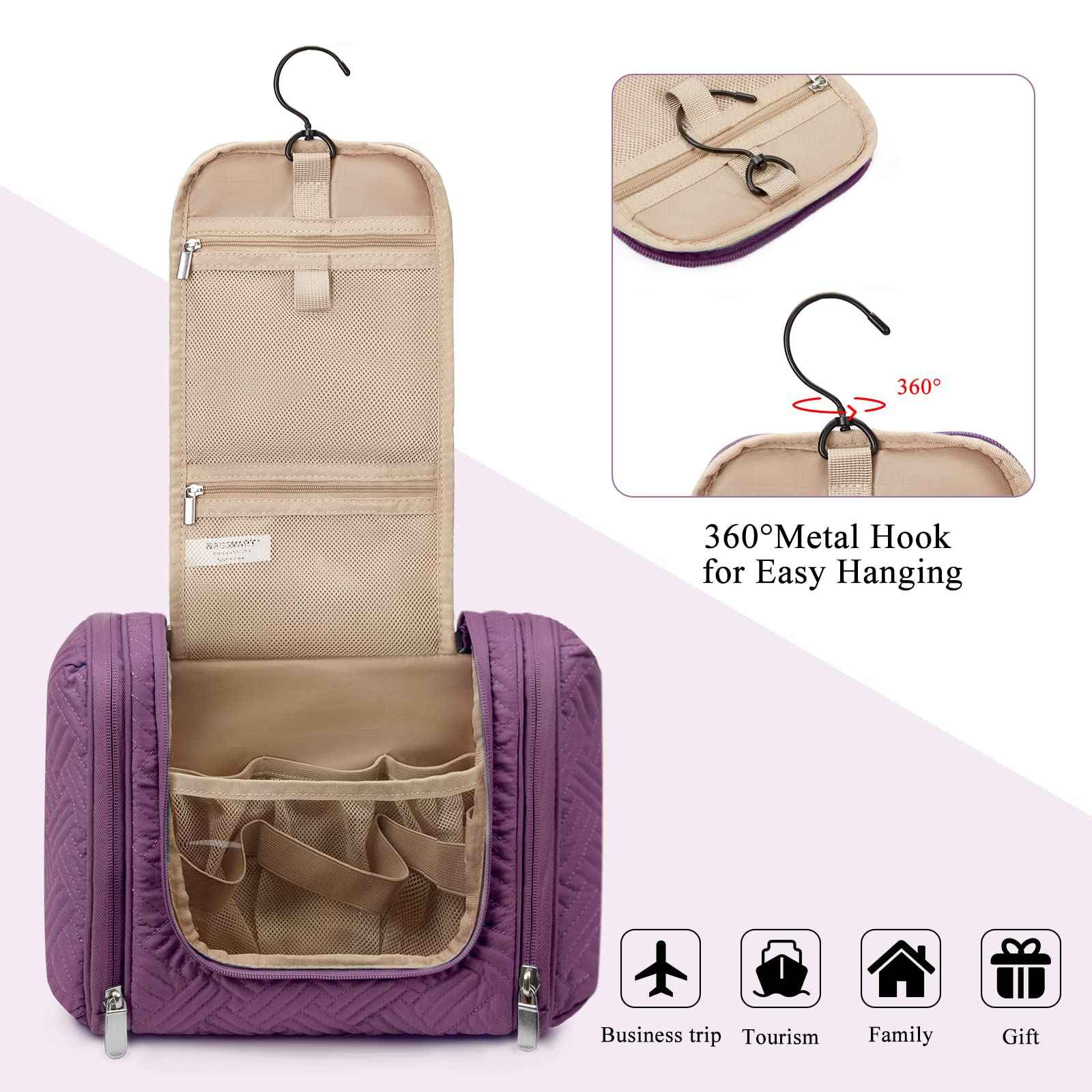 BAGSMART Atlas Travel Toiletry Bag for Women, Hanging Toiletry Bag with Hook, Travel Cosmetic Makeup Bag Travel Organizer for Accessories, Shampoo, Full Sized Container, Toiletries,Purple-Medium