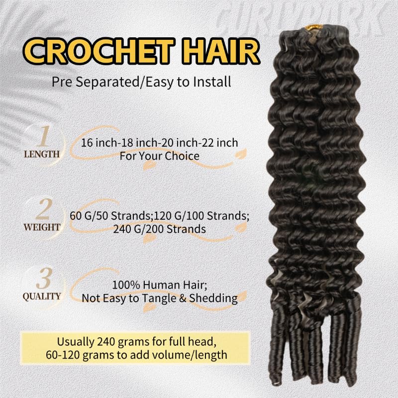 CurlyPark Burmese Deep Wave Crochet Hair Extensions 20 Inch / 240g, 200 Strands Full Head