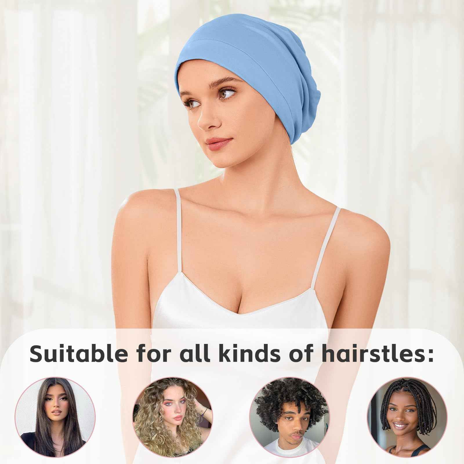 Silk Bonnet for Sleeping Women, Adjustable Silky Satin Lined Sleep Cap, Silk Hair Wrap for Sleep Night Cap for Natural Curly Hair 2PCS(Pink&Blue)