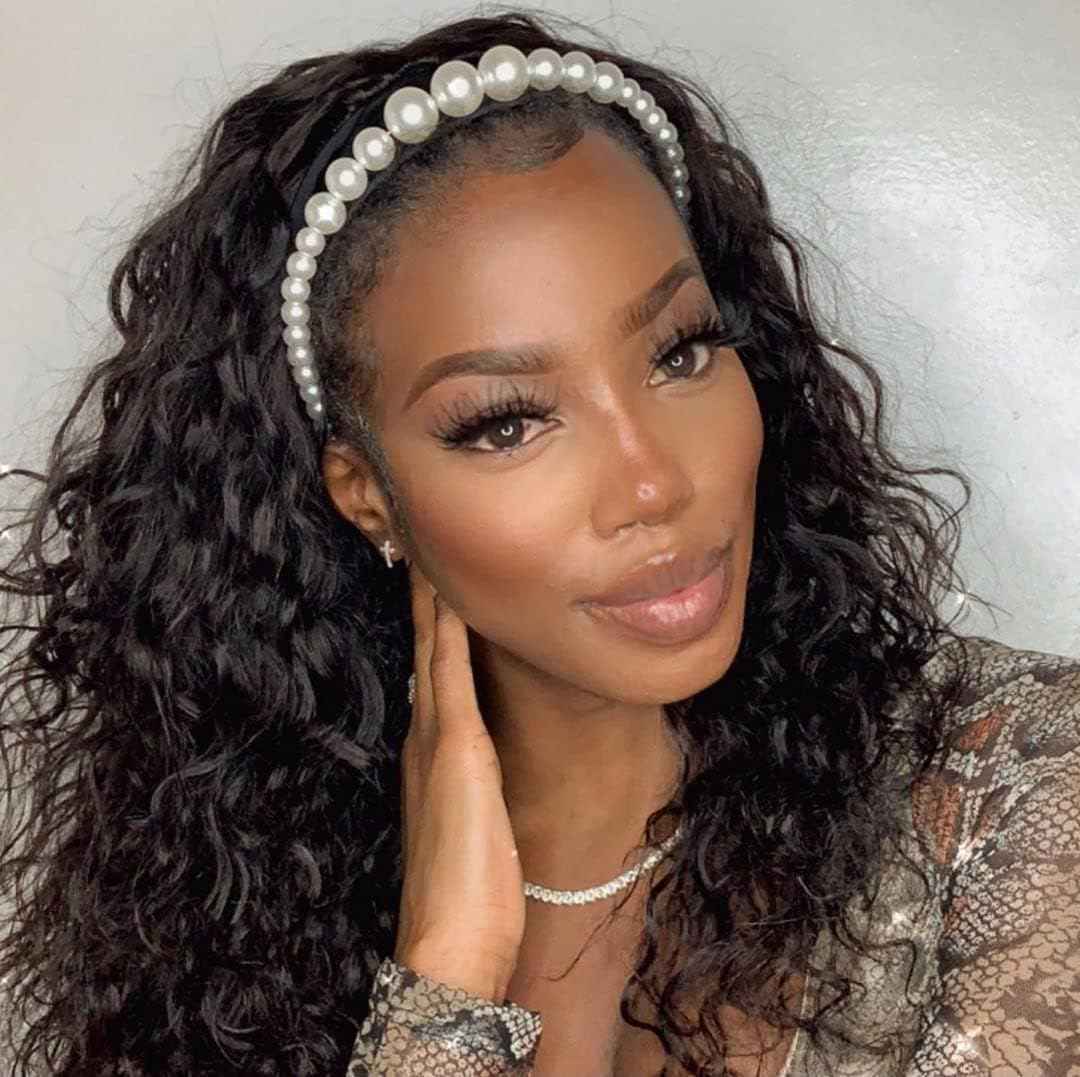 Emistar Curly Headband Wigs for Black Women Wet and Wavy Afro Headband Wig Water Wave Blend Human Hair & Synthetic Hair Ready to Go Glueless Half Wigs 180% Density (#1B, 8 Inch)