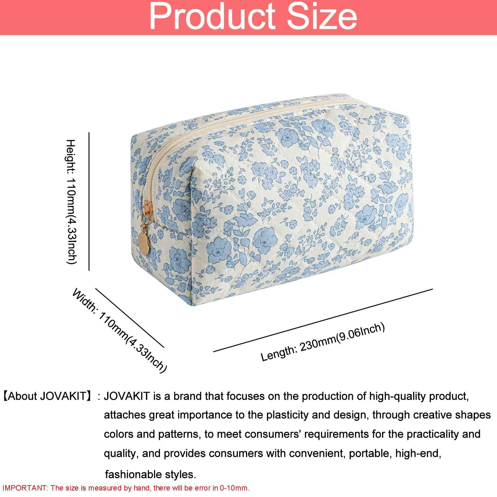 JOVAKIT Square Makeup Bag Cute Cosmetic Bag for Women, Floral Coquette Aesthetic Toiletry Bag, Zipper Make Up Pouch, Travel Make Up Organizer Bag (Blue+Bright Red Floral)