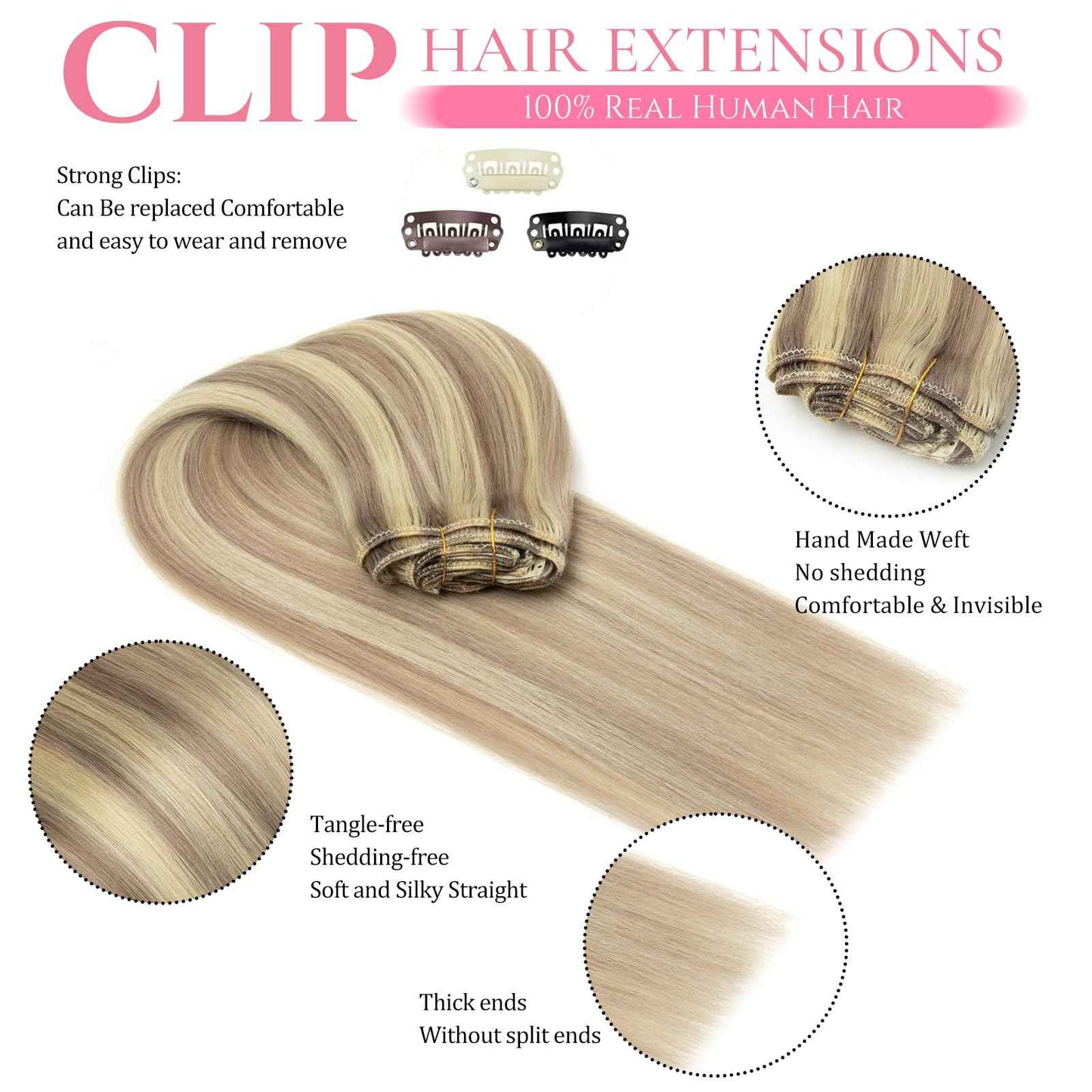 Human Hair Clip in Extensions Ash Blonde and Highlighted Bleach Blonde Clip in Hair Extensions Real Human Hair 14inch/90g Straight Clip ins 100% Real Human Hair Extension for Women 8pcs