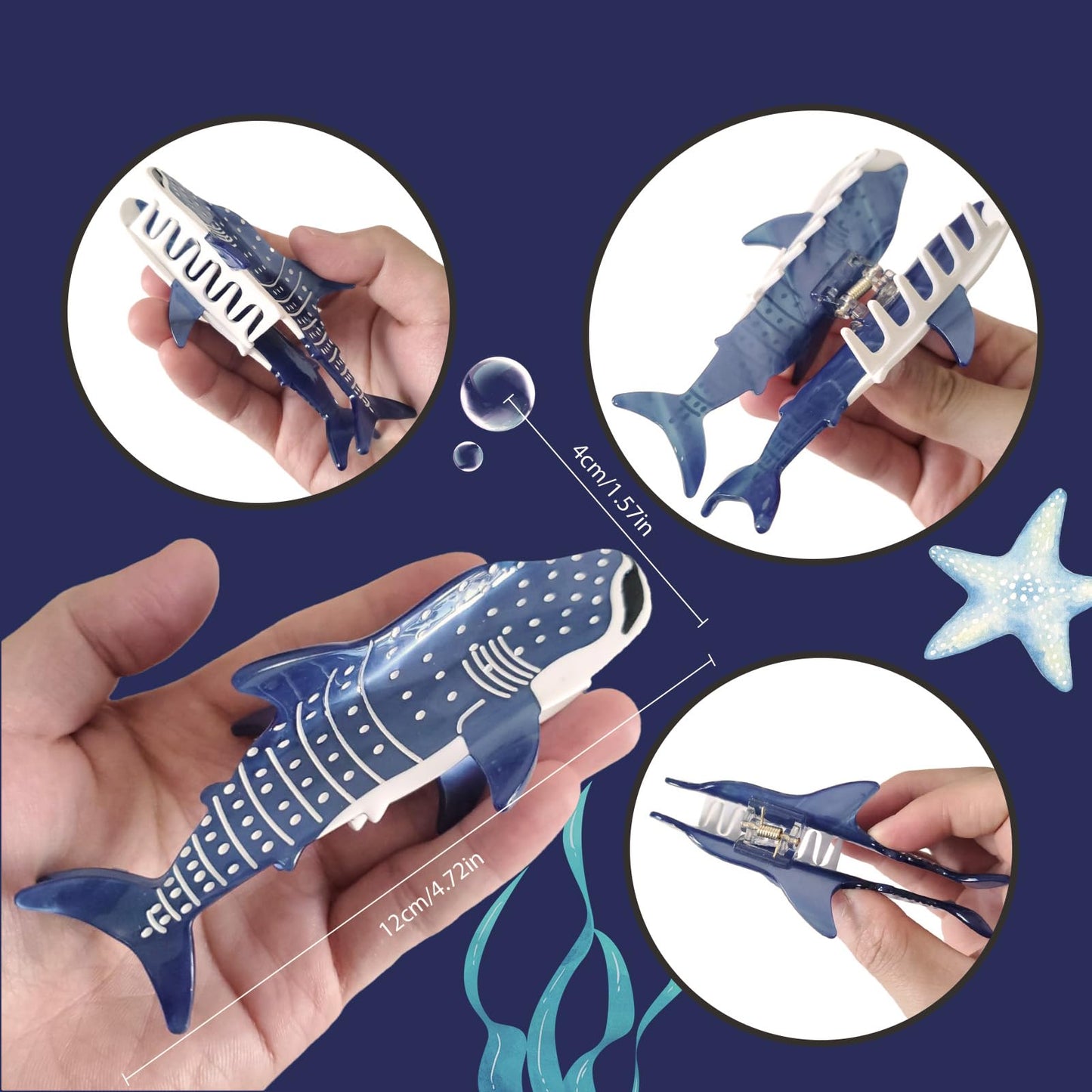 Whale Shark Hair Claw Clip, Large Hair Clip for Thick & Thin Hair, Strong Hold, Cute Sea Animal Hair Accessories for Women & Girls, Unique Fashion, Luxury Barrette, Cute & Funny Hair Accessories