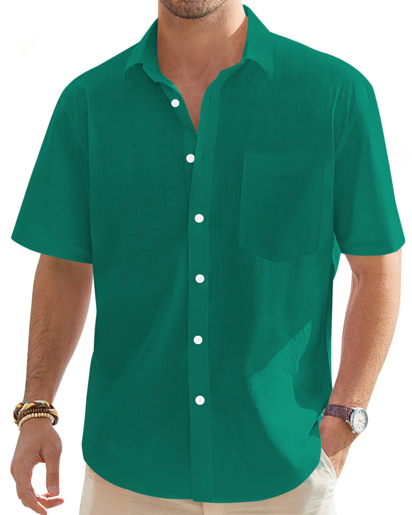 J.VER Men's Lightweight Linen Short Sleeve Shirts Casual Button Down Shirt Family Vacation Shirt with Pocket Teal Medium