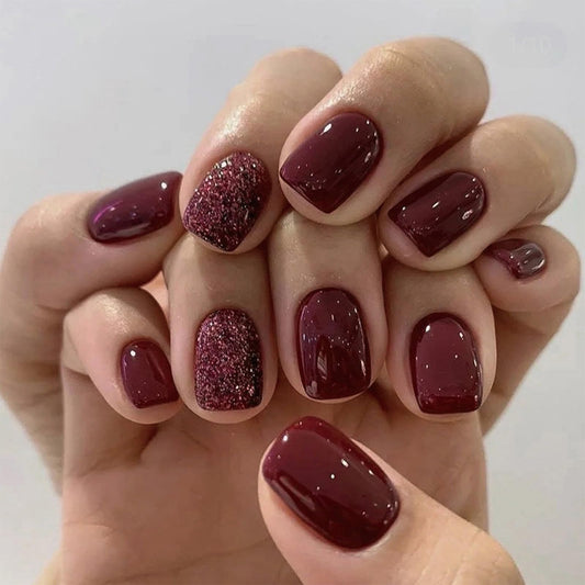 SINHOT Short Square Press on Nails Wine Red Fake Nails Glossy Glue on Nails Fall Pure Color Glitter Acrylic Nails Squoval Artificial Nails Winter Solid Color Stick on False Nails with Design 24 pcs