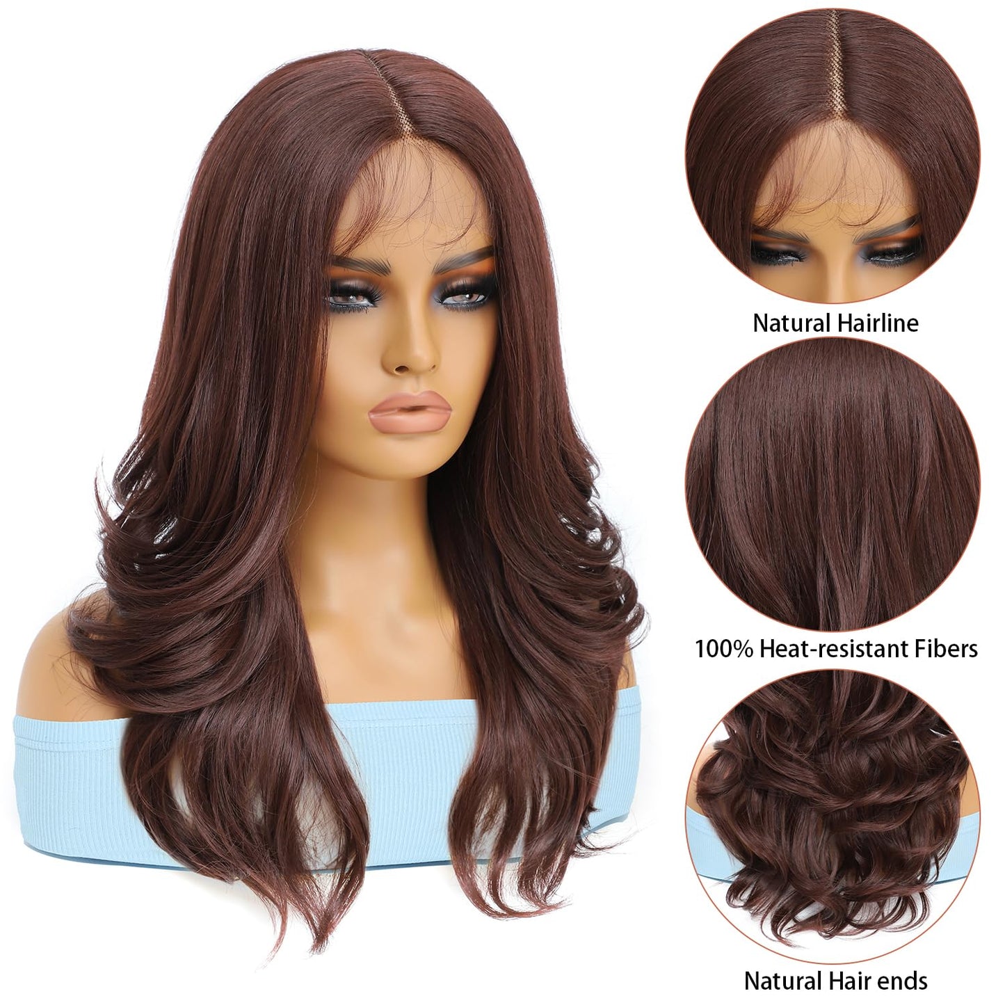 YOKAS Long Wavy Chocolate Brown Synthetic Lace Front Wig 13x4x1 T Lace Front Wigs 22 Inch Middle Part Synthetic Heat Resistant Fiber Wig Pre-Plucked Hairline with Baby Hair for Daily Party Use（33#）