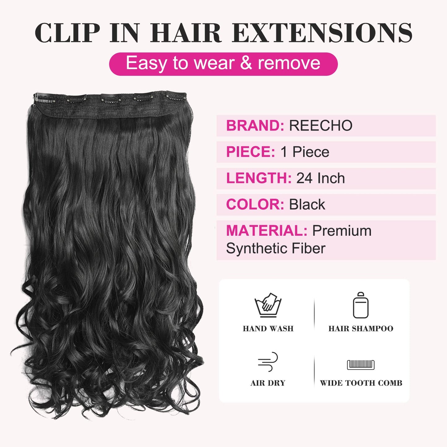 REECHO 24" 1-Pack 3/4 Full Head Curly Wave Clips in on Synthetic Hair Extensions HE008 Hairpieces for Women 5 Clips per Piece-Natural Black