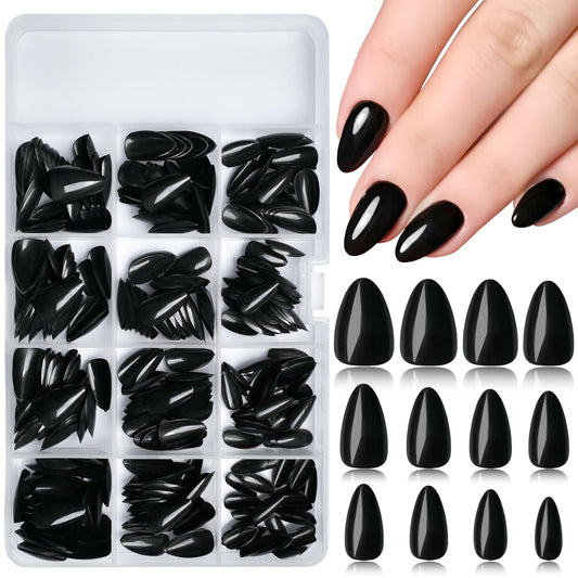 LuckForever 360pc Almond Press on Nails Short Fake Nails Black Glue on Nails XS Short Acrylic Nails Press ons Nail Almond Artificial Fingernails Black False Nails Tips with Nail Glue Adhesive File