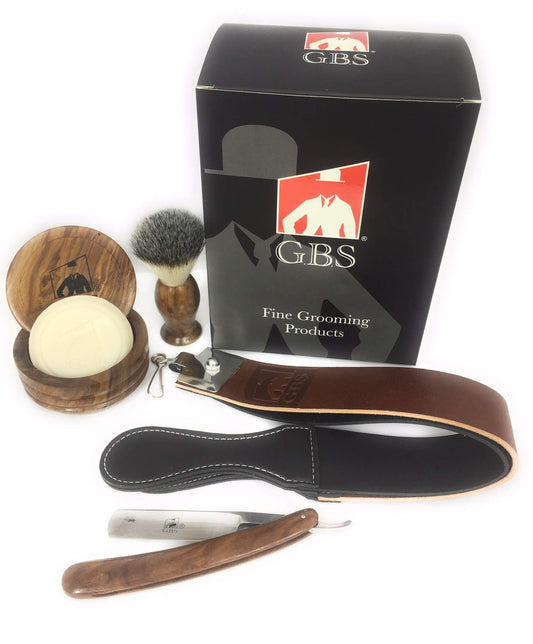 G.B.S Men Professional Shaving Kit Box- Rust Free Stainless Shaving Razor with Wooden Handle, Wooden Soap Bowl, Shaving Brush, Leather Strop, - A Full Package for Men’s Shaving