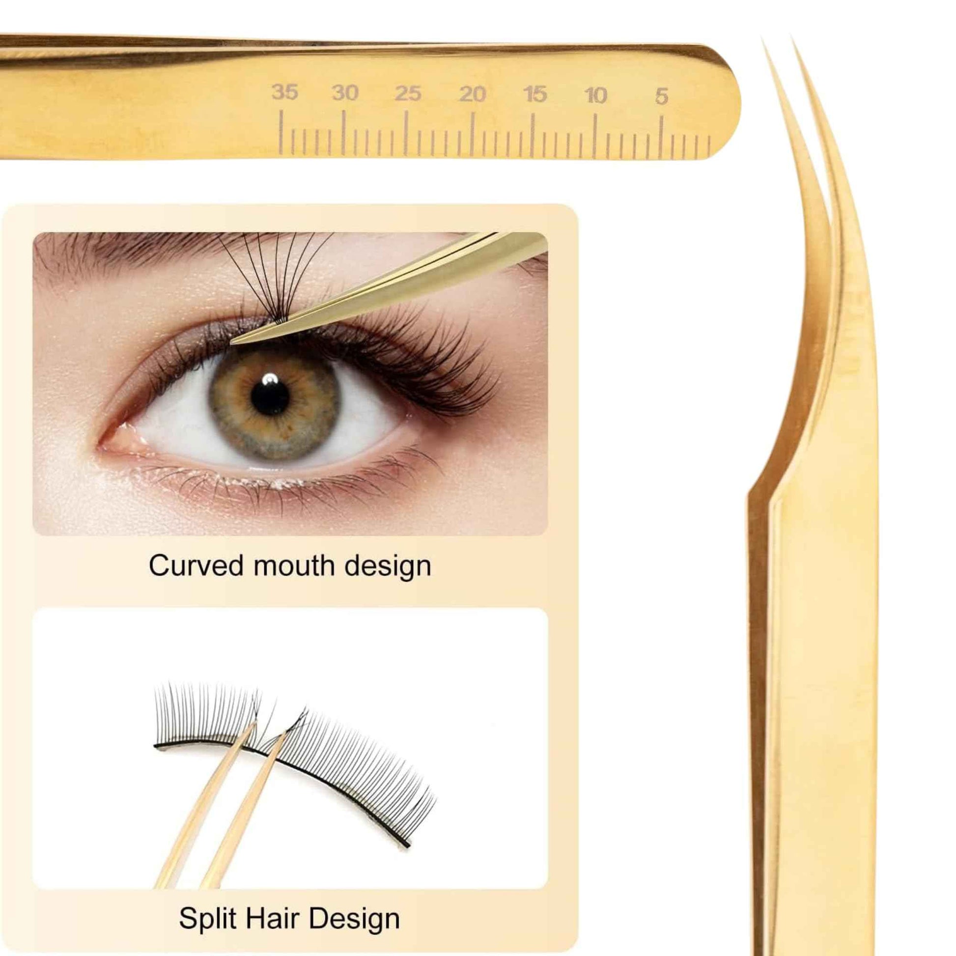 Flirt Curved Isolation Lash Tweezer by SoCal Beauty | Gold Professional Eyelash Tweezer for Eyelash Extensions, Hand-Tested with MM Guide – Lash Artist’s Favorite Precision Eyelash Applicator