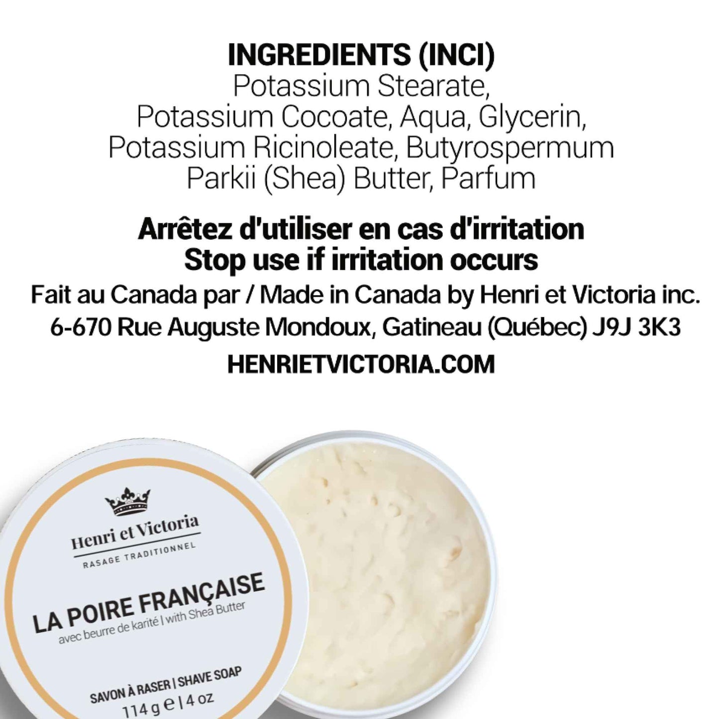 Henri et Victoria Traditional Shaving Soap For Men | La Poire Française Fragrance | Smooth Shave, Lathers Up Nicely, Long-Lasting Scent | Canadian Made by Skilled Artisan 114 g (4 oz)